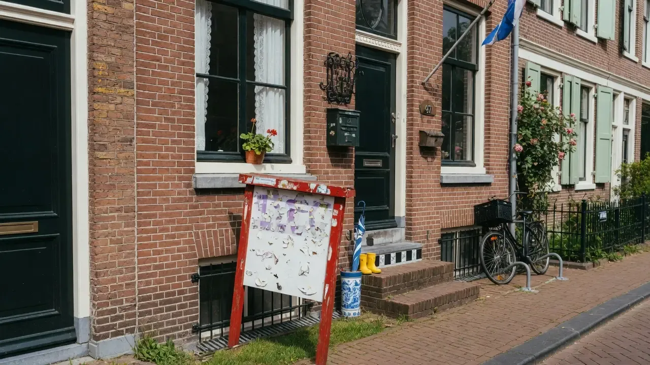 Voordeur van een Nederlandse woning met fiets en regenlaarsjes op de stoep